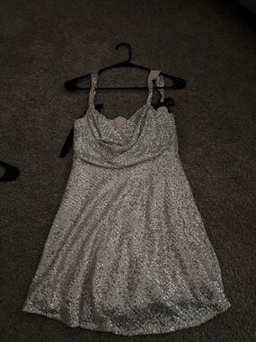Olivaceous Silver Sequin Cowl Neck Midi Dress